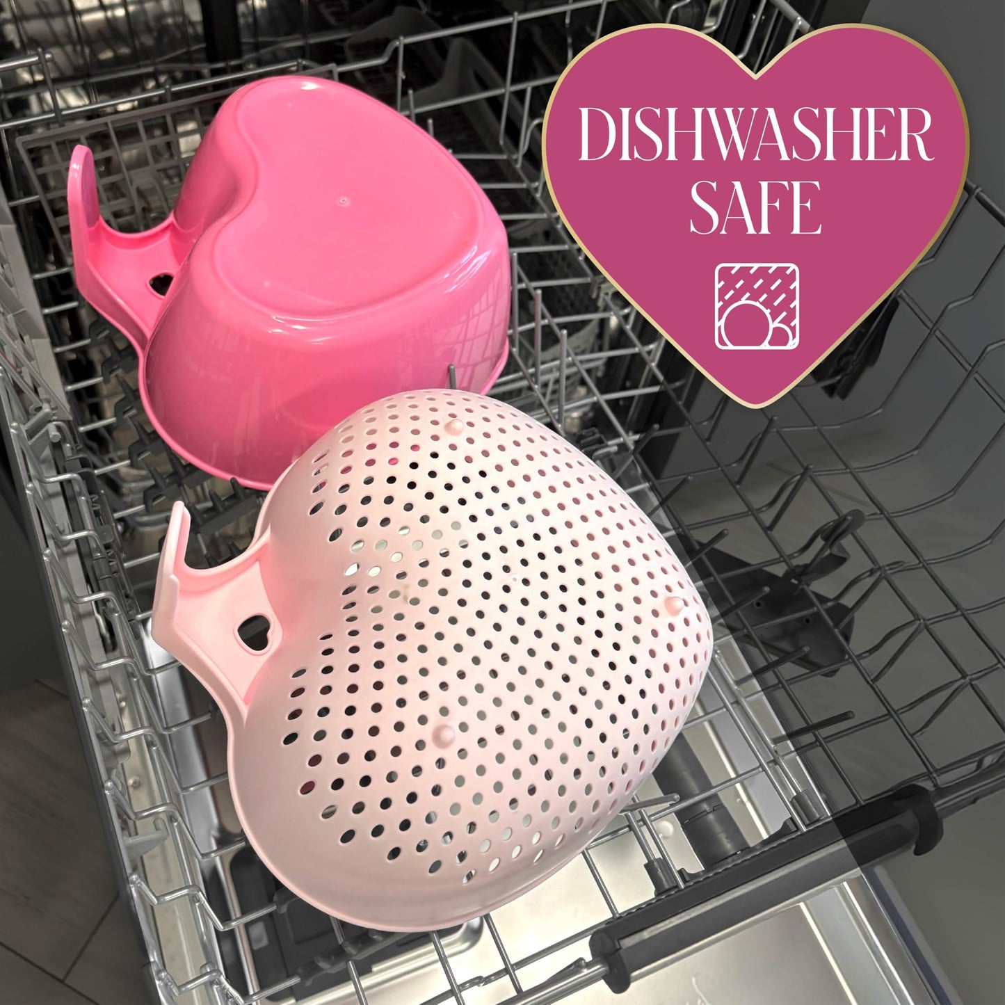 Paris Hilton Heart Bowl & Colander Set, Nesting 2-Piece Design with 3-Quart Capacity, Dishwasher Safe, Made without BPA, Pink
