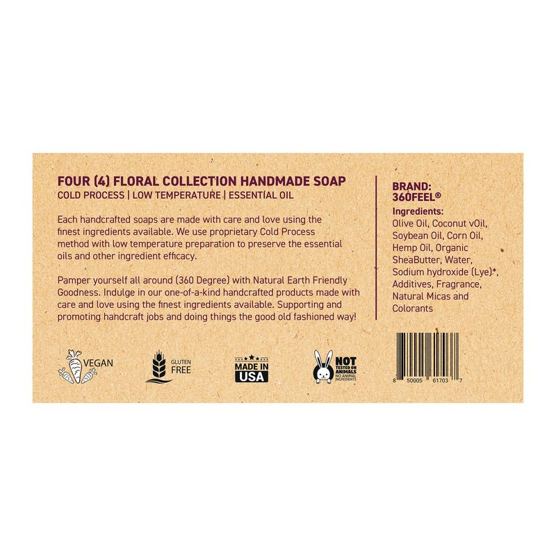 360 Feel - Floral Bar Soap Set - Made in the USA - Castile Handmade All Natural Cold Processed - Infused with Lavender, Lilac , Hydrangea & Petal Dance - Moisturizing Skin Care - (5oz, 4-Pack)