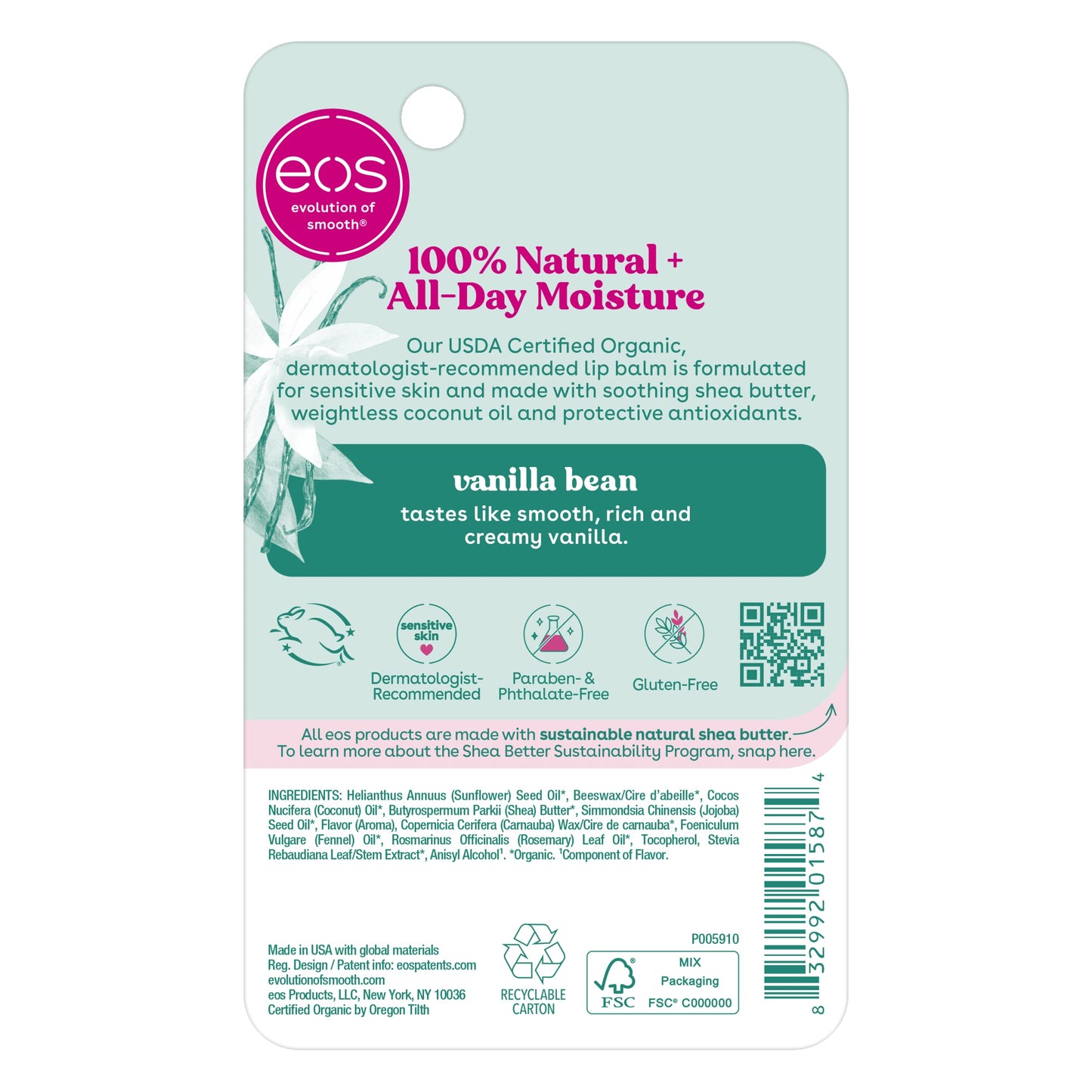 eos 100% Natural & Organic Lip Balm Stick- Vanilla Bean | Dermatologist Recommended for Sensitive Skin | All-Day Moisture Lip Care Products | 0.14 oz