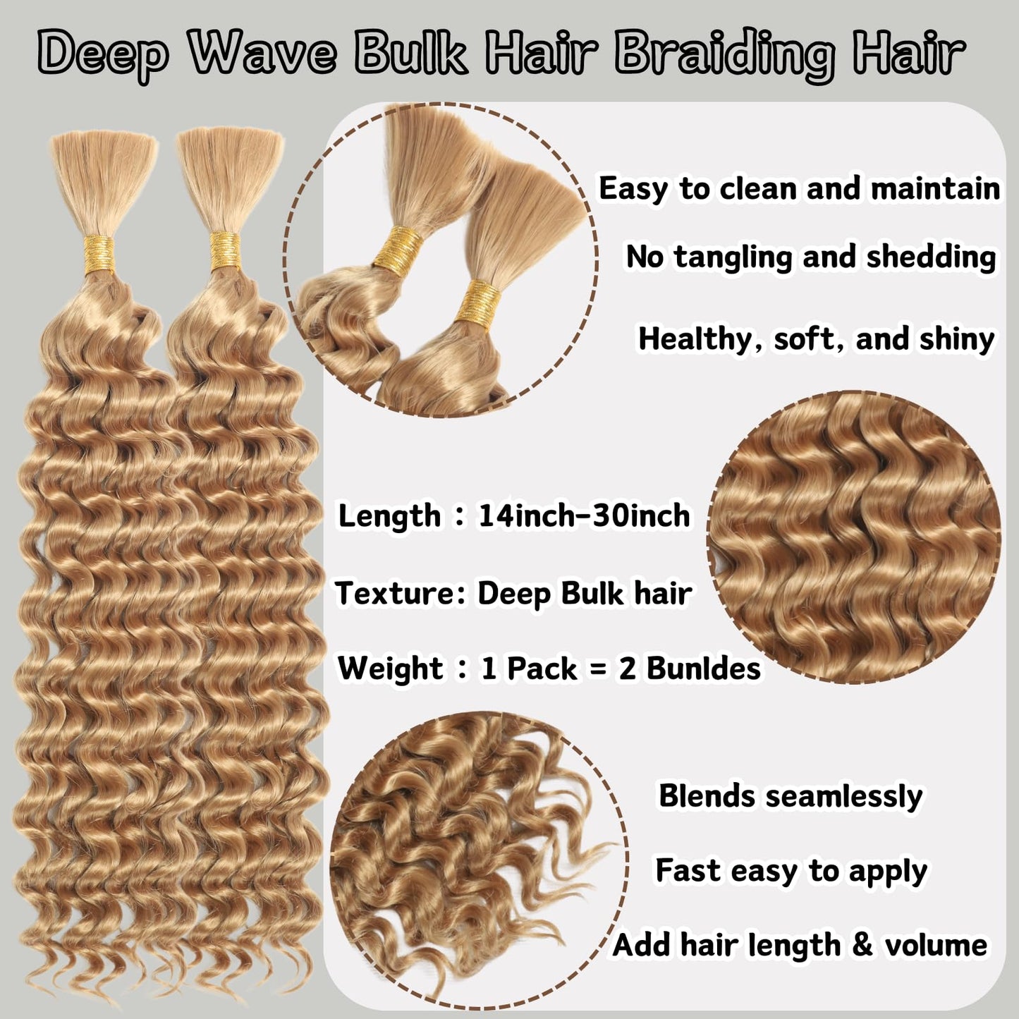 Deep Wave Bulk Hair For Braiding Hair 24inch 160g No Weft Wet And Wavy Quality Synthetic Hair Braiding Extensions For Boho Braids(2 Bundles/Pack 27#)