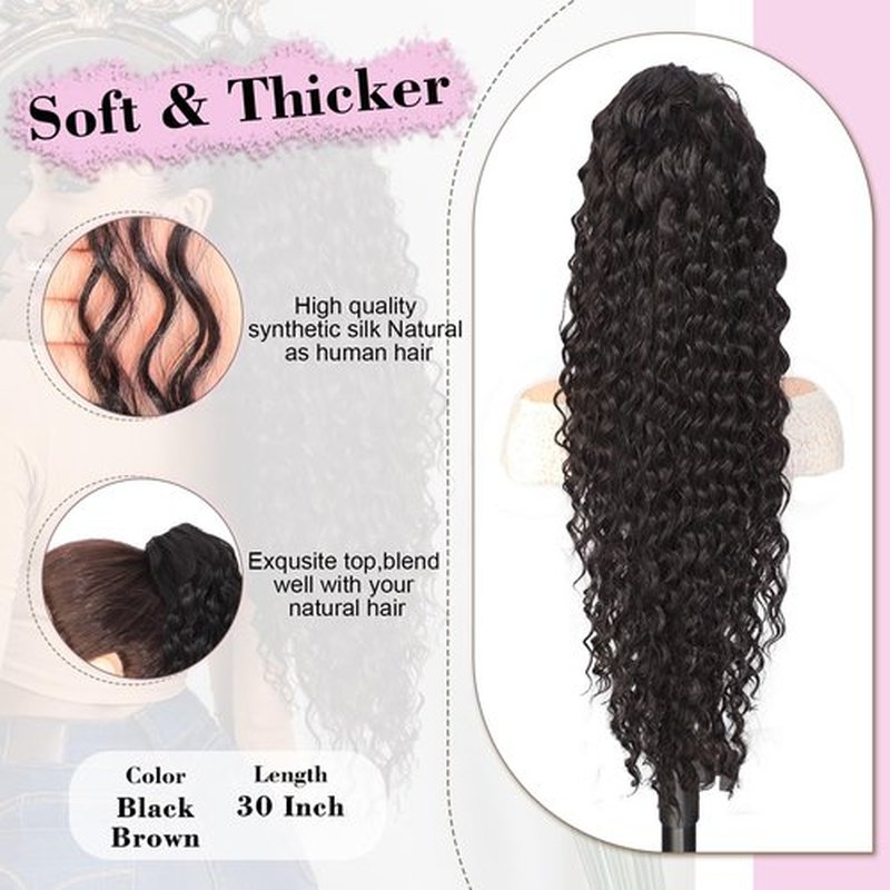 QGZ Curly Ponytail Extension,Drawstring Ponytail for Black Women 30 Inch Synthetic Long Curly Wavy Clip in Pony Tails Hair Extensions for Daily Use(Black Brown)