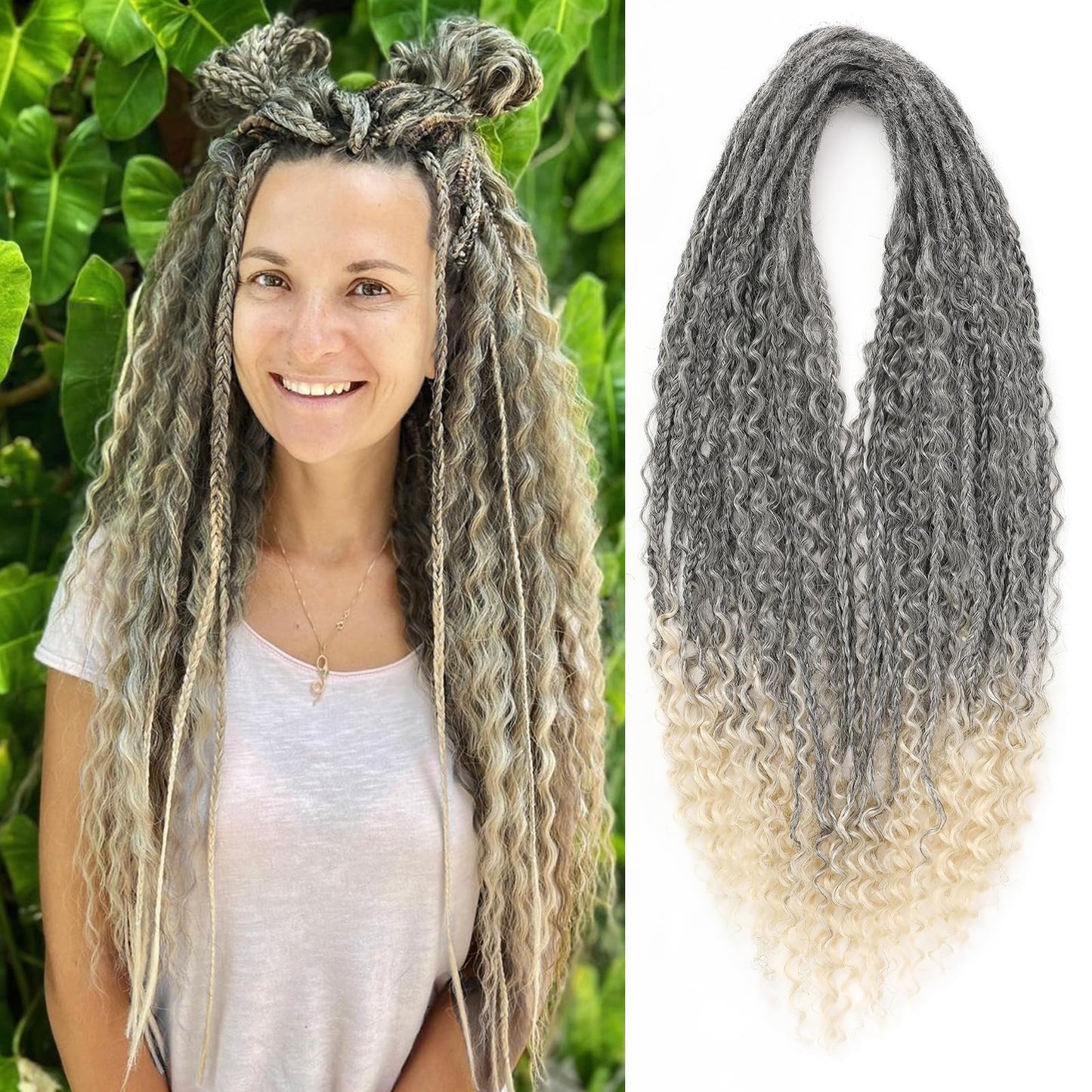 Leeven Boho Synthetic Dreadlock Extensions 24 Inch Ombre 613 Blonde Double Ended Dread Extensions 10 Strands Handmade Boho Box Braids Wavy Curly Ends Braid in Handmade Thin Wool DE Dreads for Women