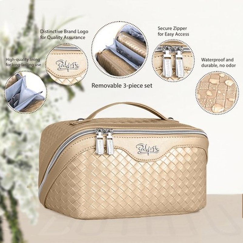 Travel Makeup Bags Cosmetic Organizer Bag: Large Capacity Make up Bag Set of 3 - Vegan Leather Toiletry Bag for Women - Portable Makeup Organizer with Compartments & Handle & Divider (04 Gold)