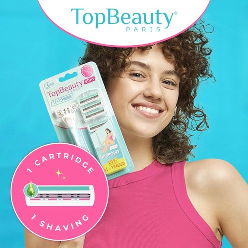 TopBeauty Paris Slim Razors for Women - Manual Razor with Refills (3 Handles + 57 Replaceable Cartridges) - 3-Blades Technology - Beautiful Price - Bikini Razor - Soft Shave & Loving Care