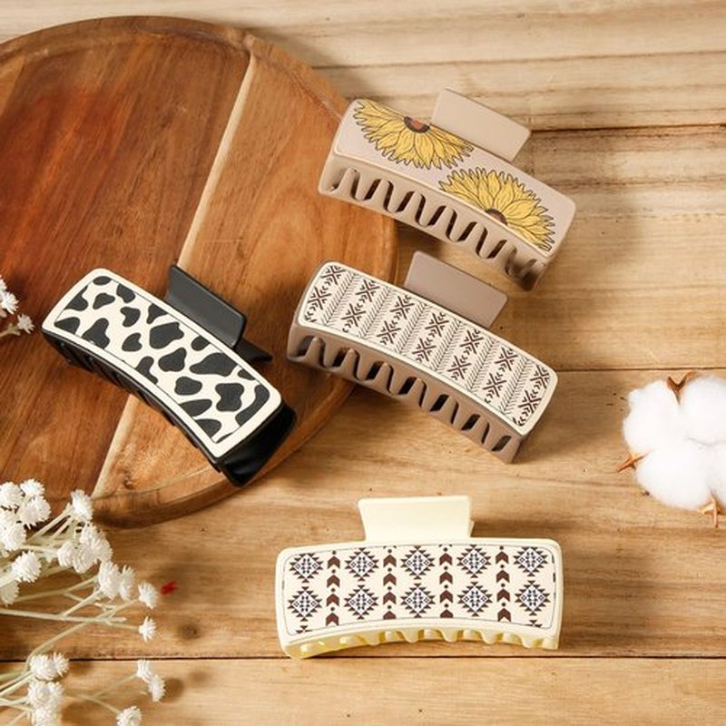 4 Pcs Western Hair Clips for Women, Yellow Chrysanthemum, Cow Print, Square Claw Clips, Vintage Print Western Claw Clips, Country Stuff Headdress Gifts for Women Girls (B)