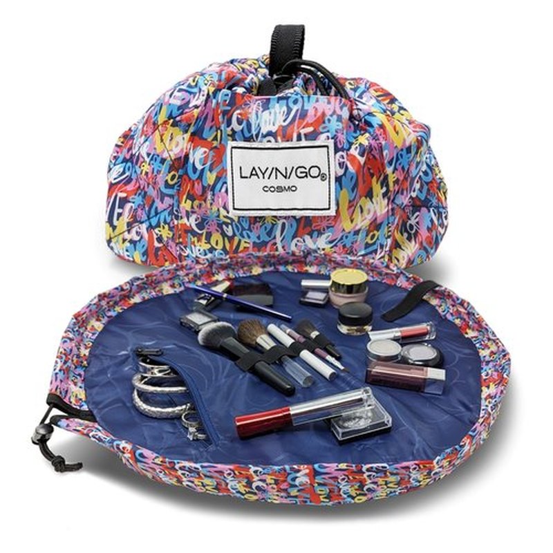 Lay-n-Go Cosmo Drawstring Cosmetic & Makeup Bag Organizer - Portable Drawstring Makeup Bag w/Zipper Pocket, Makeup Loops & More - Durable, Machine Washable Makeup Bag for Travel (20”, Love)