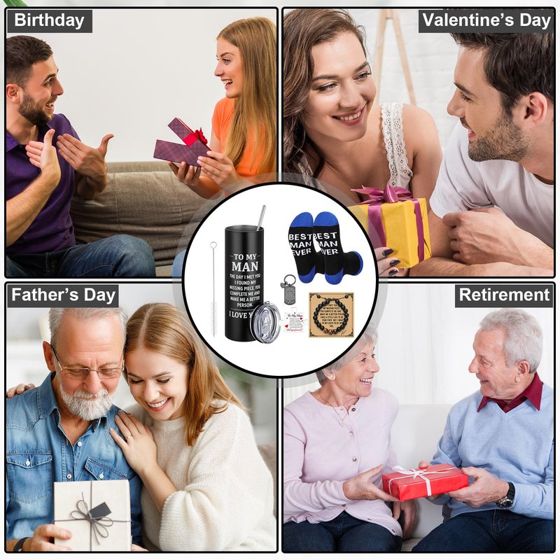 Geiserailie 5 Pcs Mens Gifts Basket Fathers Day Basket for Men To My Man Bracelet Keychain Tumblers Socks for Father Husband Boyfriend