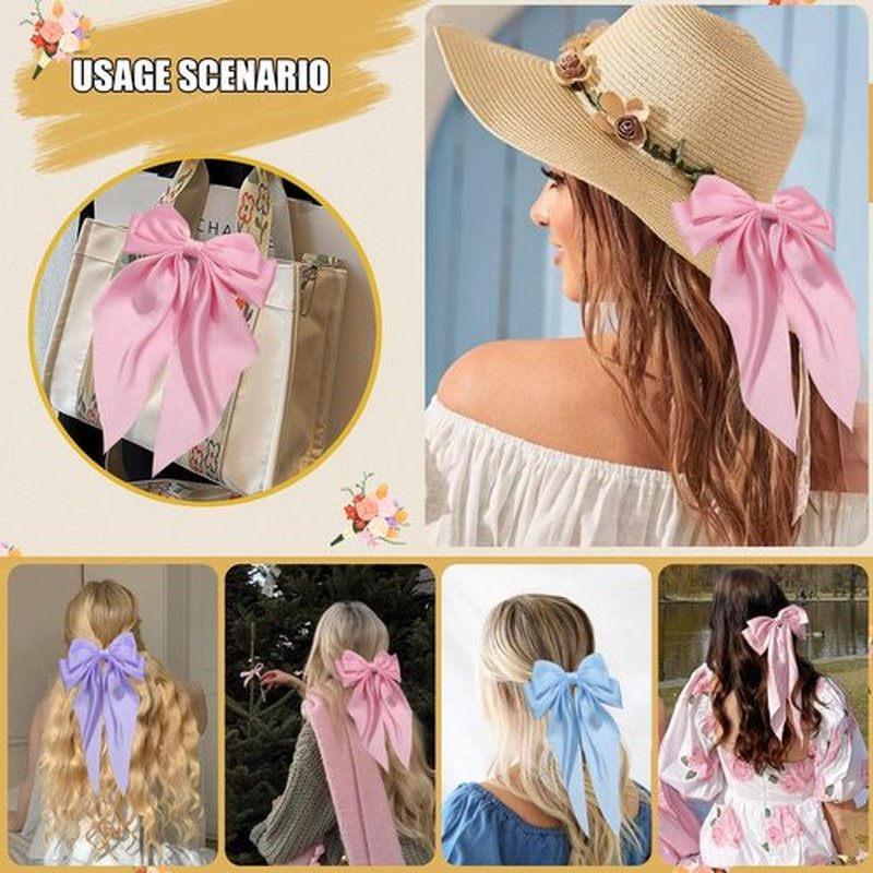Hair Bows for Women Girls Silky Satin Big Bows Hair Barrettes Oversized Hair Accessories Long Tail Hair Ribbons -3Pcs -Sky Blue Pink Lilac