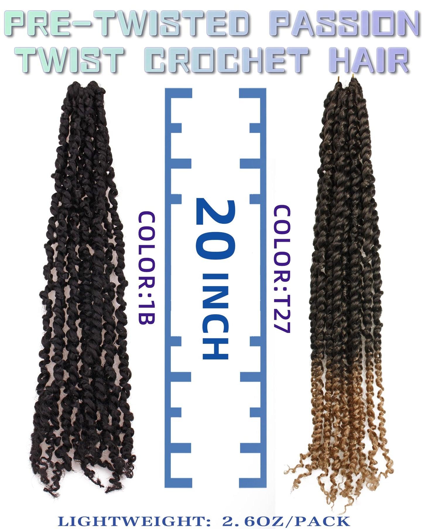 Passion Twist Crochet Hair For Black Women - Super Long Pre-twisted Pre Looped Hair Extensions (20 Inch, 9 Packs, 1B+T27)