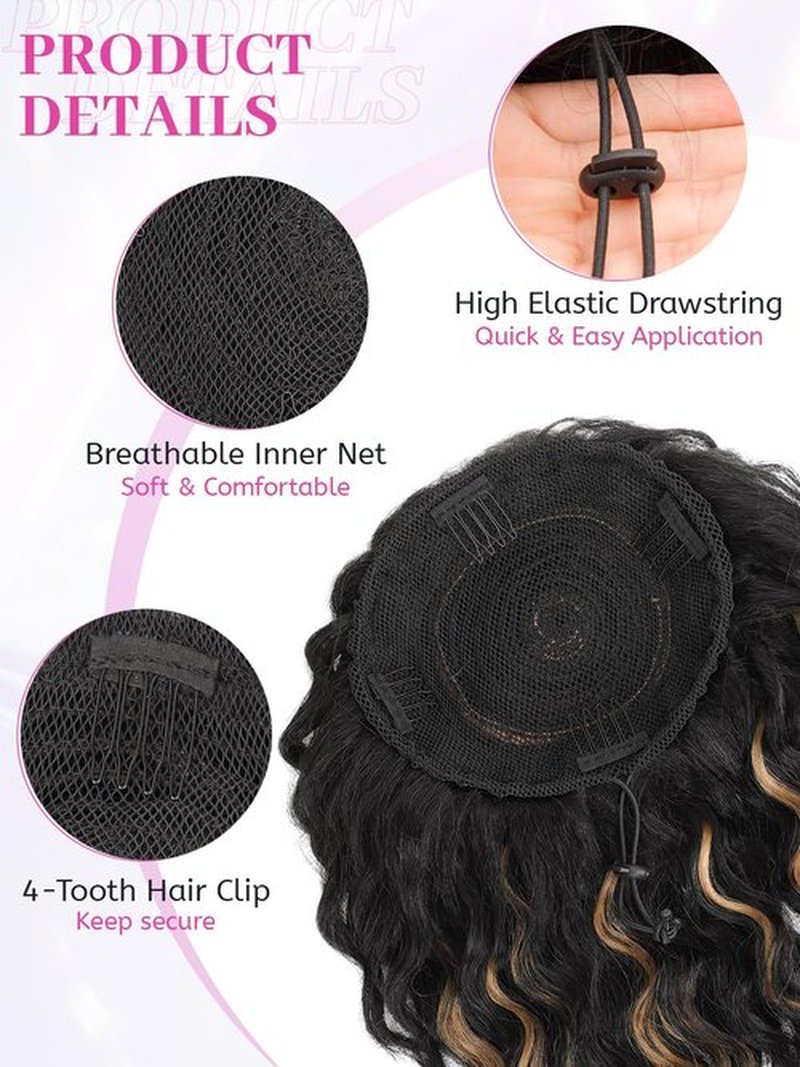 Isaic Ponytail Extension 8Inch Short Wavy Curly Ponytails Drawstring Ponytail for Black Women Black Mixed Ginger Pony Tails Hair Extensions Synthetic Hairpiece for Daily Use