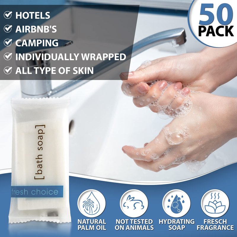 Fresh Choice Bulk Hotel Soap, Individually Wrapped Bar Soaps, Mini Trial Size Toiletries, Bath Body Hand Soap for Vacation Rentals and Motel Guest Bathroom, 0.85 oz, Pack of 50