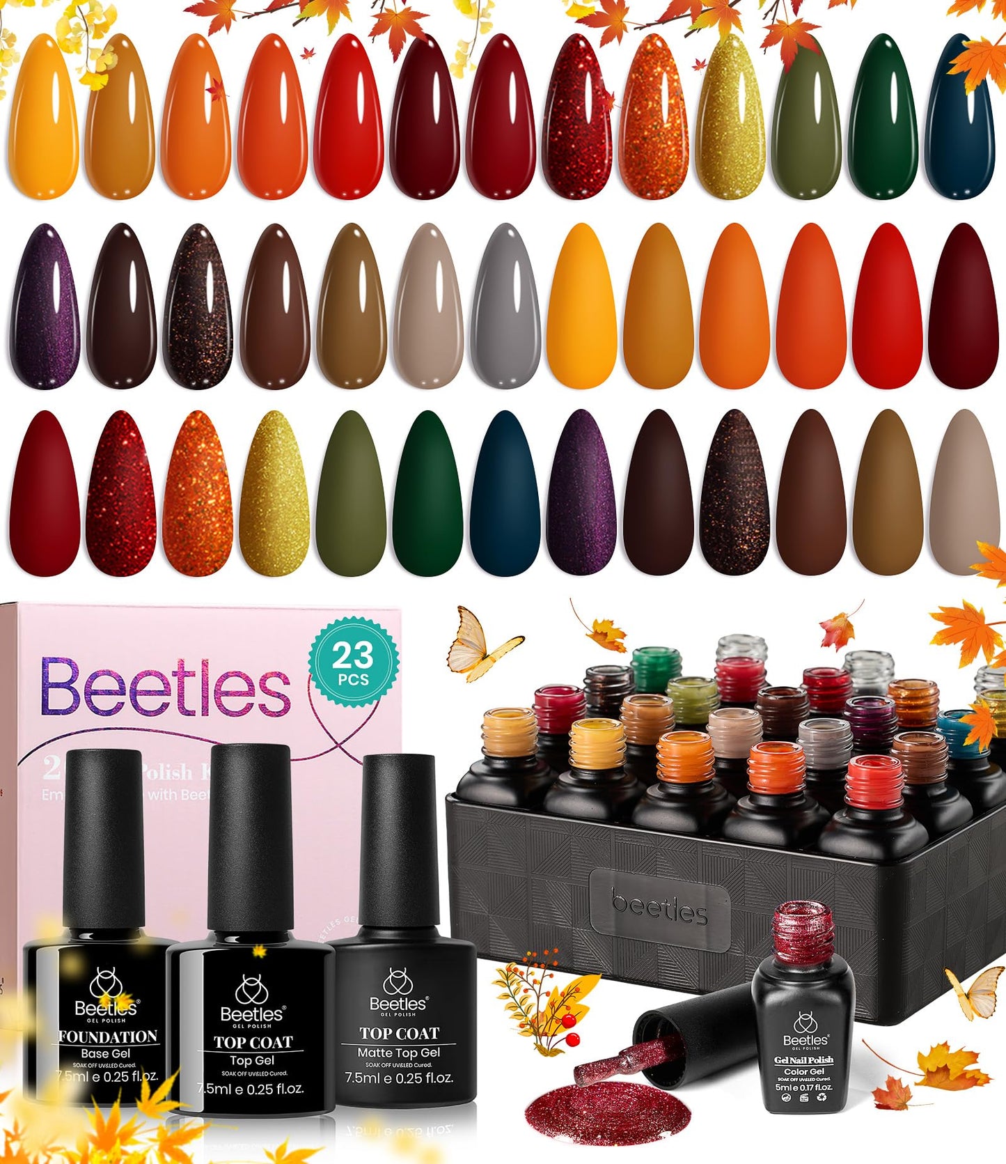 beetles Gel Polish Nail Set 20 Colors Cozy Campfire Collection Orange Yellow Green Brown Fall Winter Gel Polish Set Soak Off Uv Lamp Need Base Glossy & Matte Top Coat Manicure Kit Gift for Girls