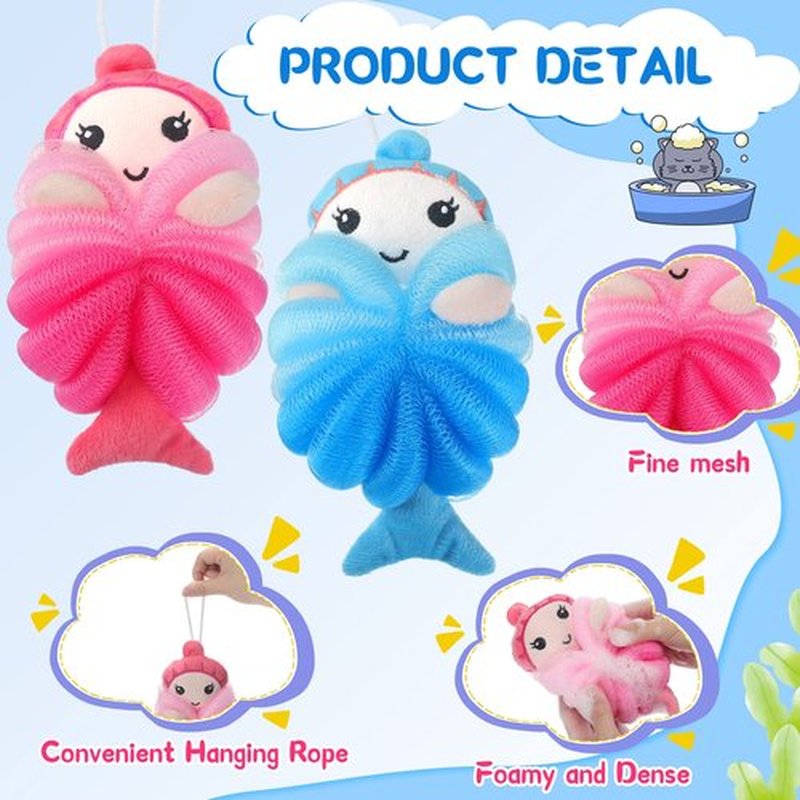 2 Pcs Bath Loofahs Kids Toddler Body Loofahs Cute Cartoon Kids Loofah Kid Bath Sponges Loofah Bath Pouf Body Scrubber Mesh Loofah Sponges for Children Shower Washing Exfoliating (Mermaid)