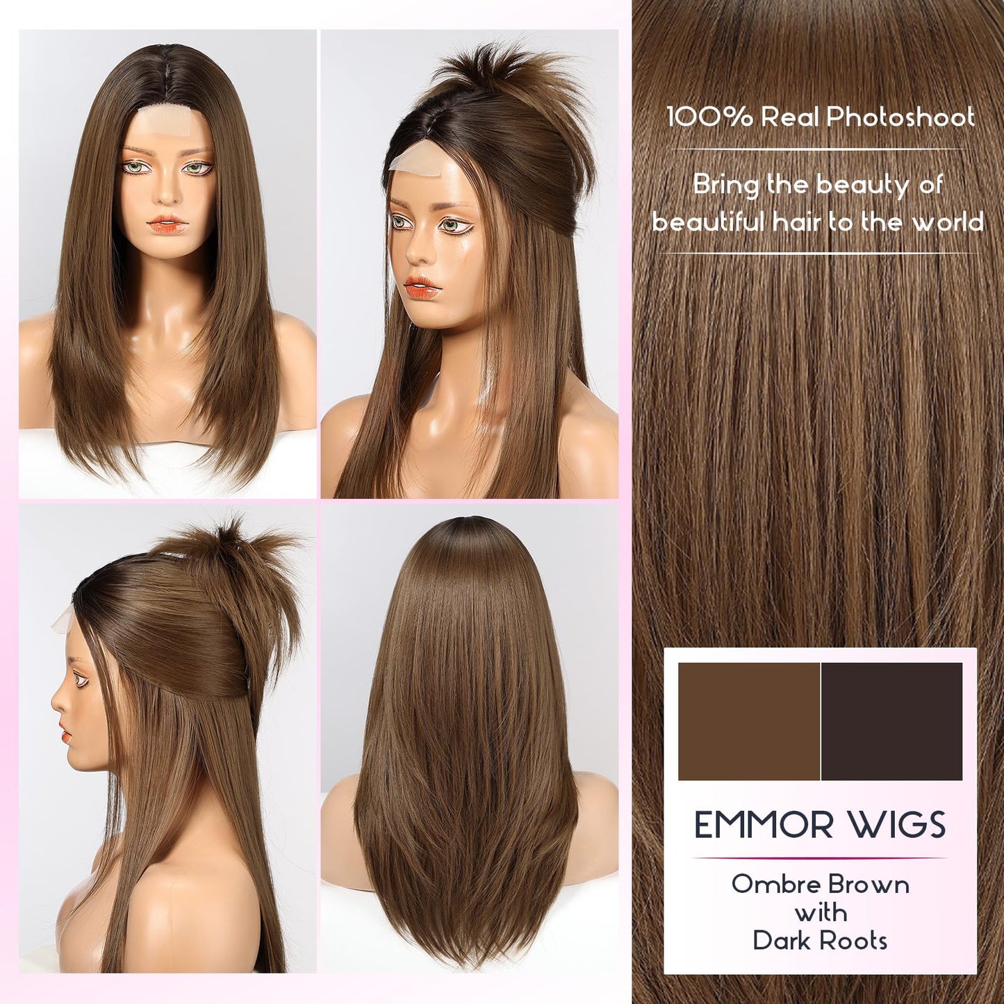 EMMOR Long Layered Wigs,Natural Central Lace Bob, Premium Heat-Resistant Synthetic Straight Wigs for Women Daily Use(Ombre Brown with Dark Roots)