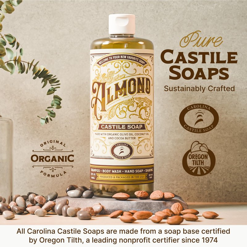 Carolina Castile Soap Almond Scent – Certified Organic Base, High Olive Oil Content, Non-Drying, Made with Organic Oils, Concentrated Natural Body Wash for Men and Women (Almond, 32 Fl Oz)