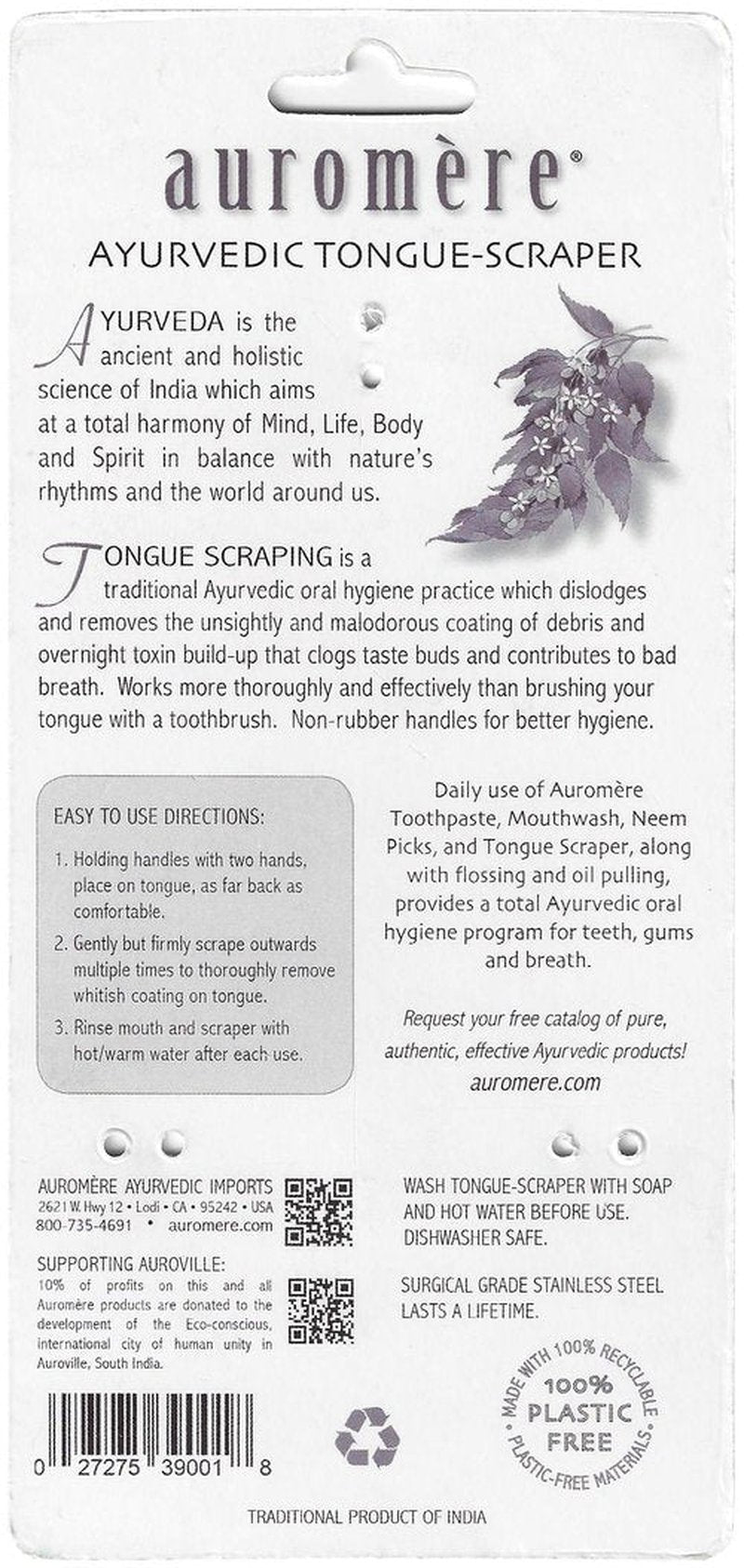 Auromere Tongue Cleaner, Ancient Oral Hygiene, Eco Friendly, Zero Waste, Stainless Steel, Eliminate Bad Breath (6 Pack)