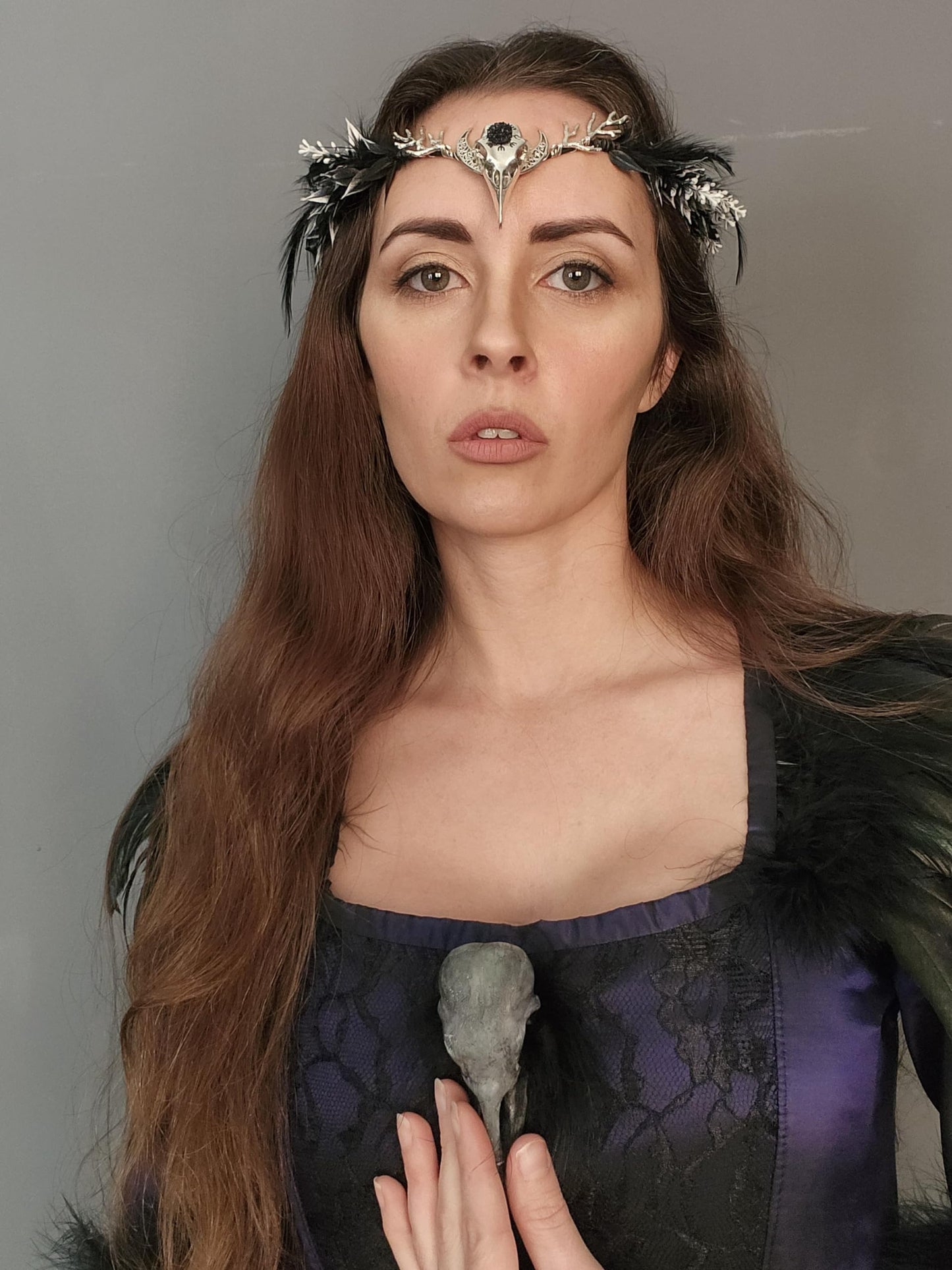 MOSTORY Handmade Black Raven Feather Crown - Gothic Elf Circlet with Raven Skull Dark Moon Tiara for Women Girls Halloween Cosplay Renaissance Wedding Witch Sorcerer Photo Shoot
