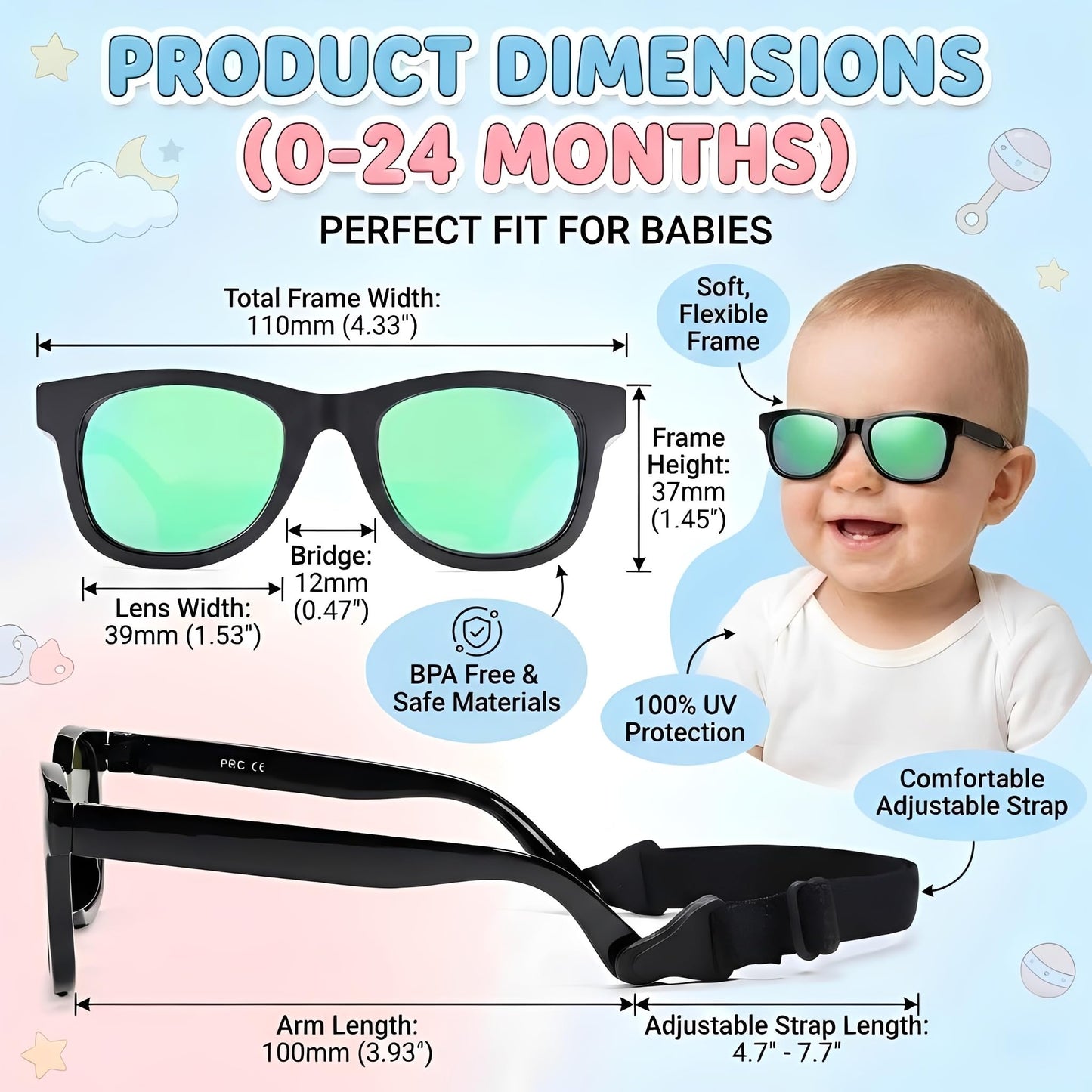 GLARDEFE Polarized Baby Sunglasses with Strap, Infant 0-24 Months