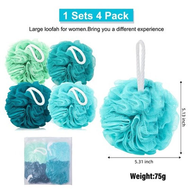 MTDLYICE Loofah Sponge 75g 4 Pack, Bath Sponge Soft Mesh Shower Puff Loofah for Women, Exfoliating Body Scrubber, lufas for Women, Shower Accessories (Blue)