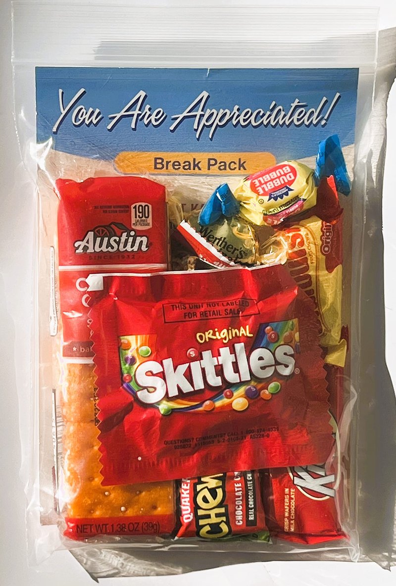 Employee & Staff Break Pack (12 per box) 5" x 7" Appreciation Gifts Filled with Treats