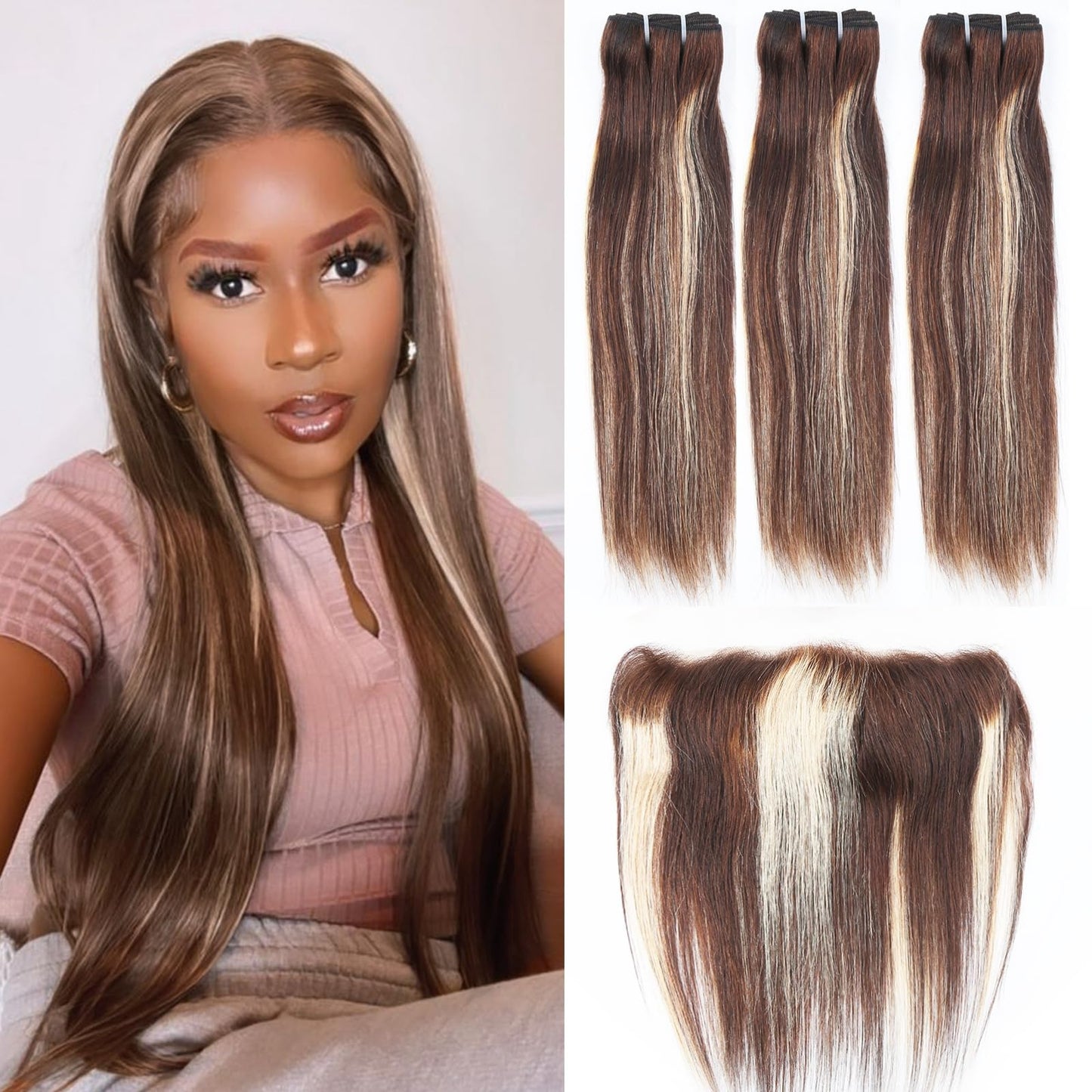 4/27 Highlight Straight Bundles with 13x4 Lace Frontal Brazilian Human Hair 3 Bundles with Frontal Ombre Blonde Colored 180% Density 12 14 16+10 Unprocessed Straight Virgin Hair Closure with Bundles