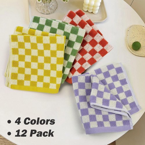 Washcloths 12 Pack Bathroom Face Towels 4 Colors for All Family Members, Soft Cotton Terry Wash Cloths for Showering 13"x13", Checkered