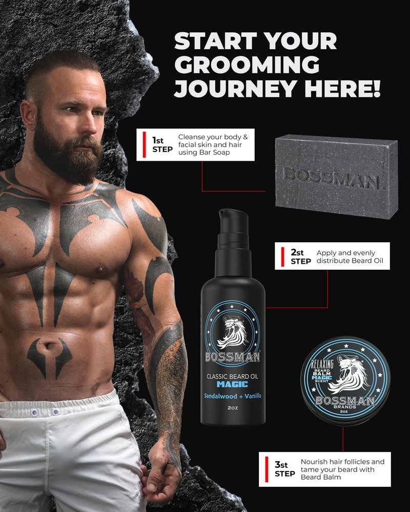 Bossman Starter Beard Kit for Men, Beard Oil (2 oz), Beard Balm & Bar Soap – Natural & Organic Grooming Kit – Made in the USA Men Gift Set (Magic Scent)