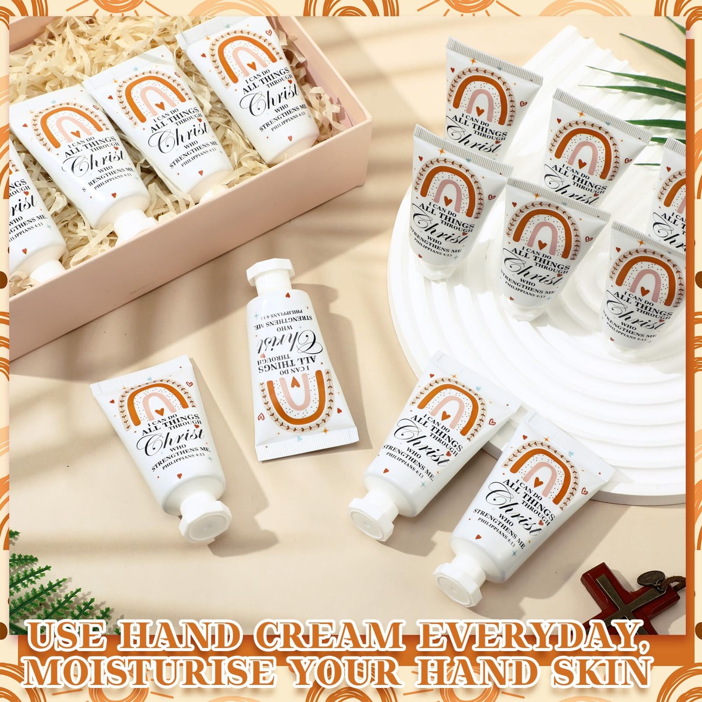Heigble 50 Pack Christian Hand Lotion Bulk Gifts for Summer Gifts Bible Mini Travel Hand Lotion for Women Church Appreciation(Boho)
