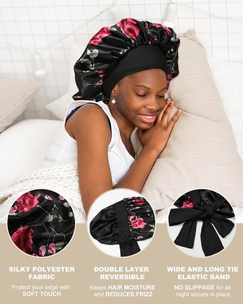Satin Bonnet for Women Silk Bonnets for Sleeping Curly Hair Bonnet with Elastic Tie Band Reversible Double Layer Sleep Cap Hair Wrap (Black + Red Flower)
