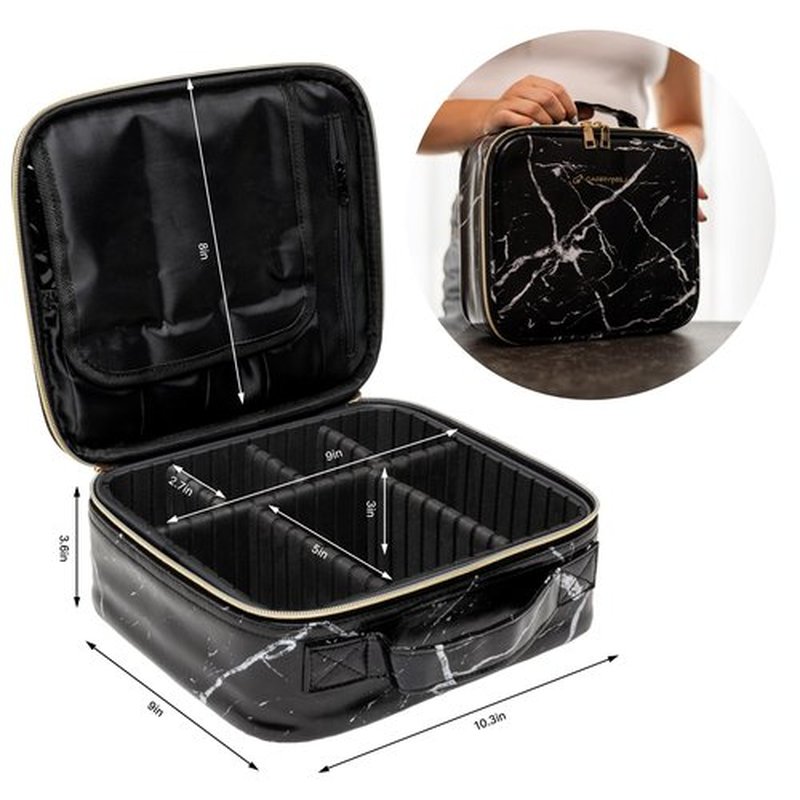 (Not Made In China) Travel Makeup Train Case, Cosmetic Storage Organizer For Professional Beauty Artist, Portable Kit Bag W/Adjustable Dividers For Jewelry, Nail Polish and Brushes (1, Marble, Small)