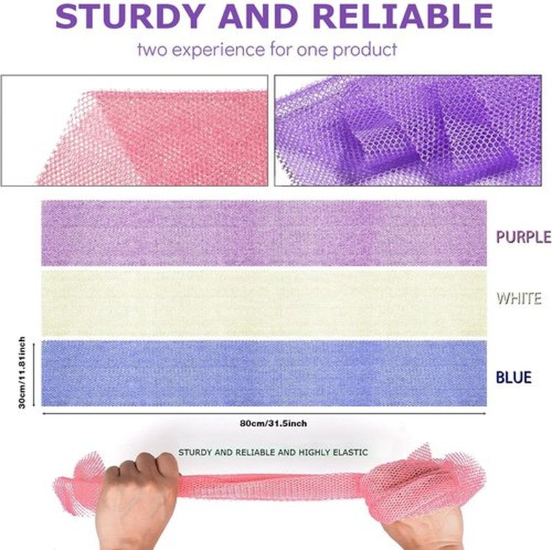 3 Pieces African Bath Sponge African Net Long Net Bath Sponge Exfoliating Shower Body Scrubber Back Scrubber Skin Smoother,Great for Daily Use (Purple,Blue,Off-White)