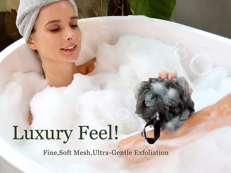 myHomeBody Large 70g Loofah Sponge, Bath Body Scrubber for Women, Men, Exfoliating Shower Pouf with Activated Charcoal - 2 Graphite Gray + 1 Sage Green, 3 Pack