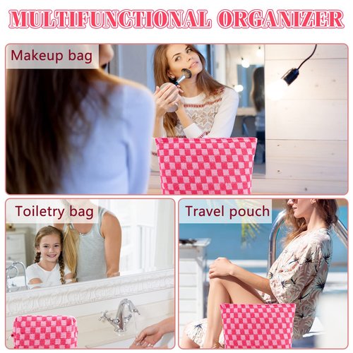 ZLFSRQ 3Pcs Checkered Makeup Bag for Women Large Cosmetic Bag Set Travel Toiletry Bag Makeup Pouch Bag for Purse Pink Zipper Storage Bag Organizer Cute Small Aesthetic Girls Car Essentials Bag
