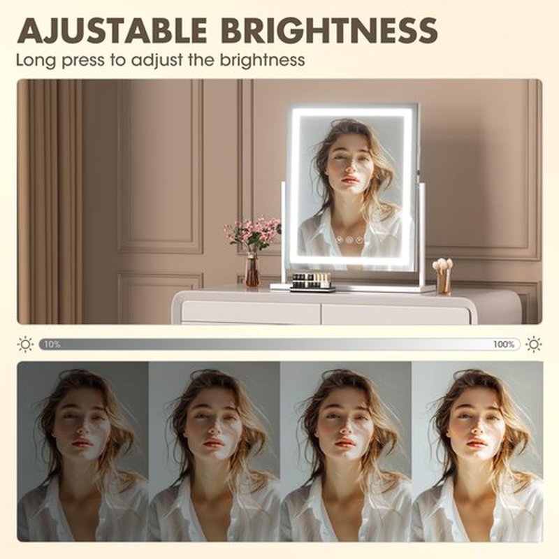 Hasipu Vanity Mirror with Lights, 14" x 18" LED Makeup Mirror, Lightup Mirror with Smart Touch 3 Color Modes and Brightness Adjustment, 10X Magnifying Glass,360° Rotation