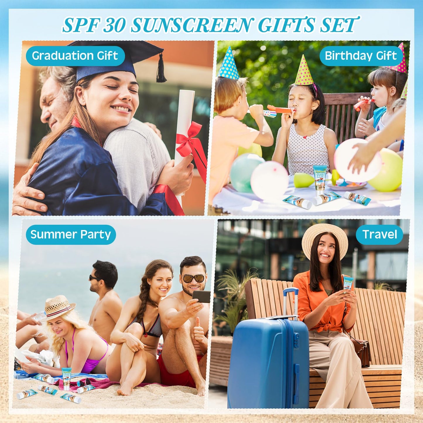 Dansib 72 Pcs Mini Sunscreen Bulk for Summer Party Wedding SPF 30 Water Resistant Sunscreen Lotion Bulk 1oz Travel Size for Thank You Gifts Wedding Supplies (Beach Fiesta)