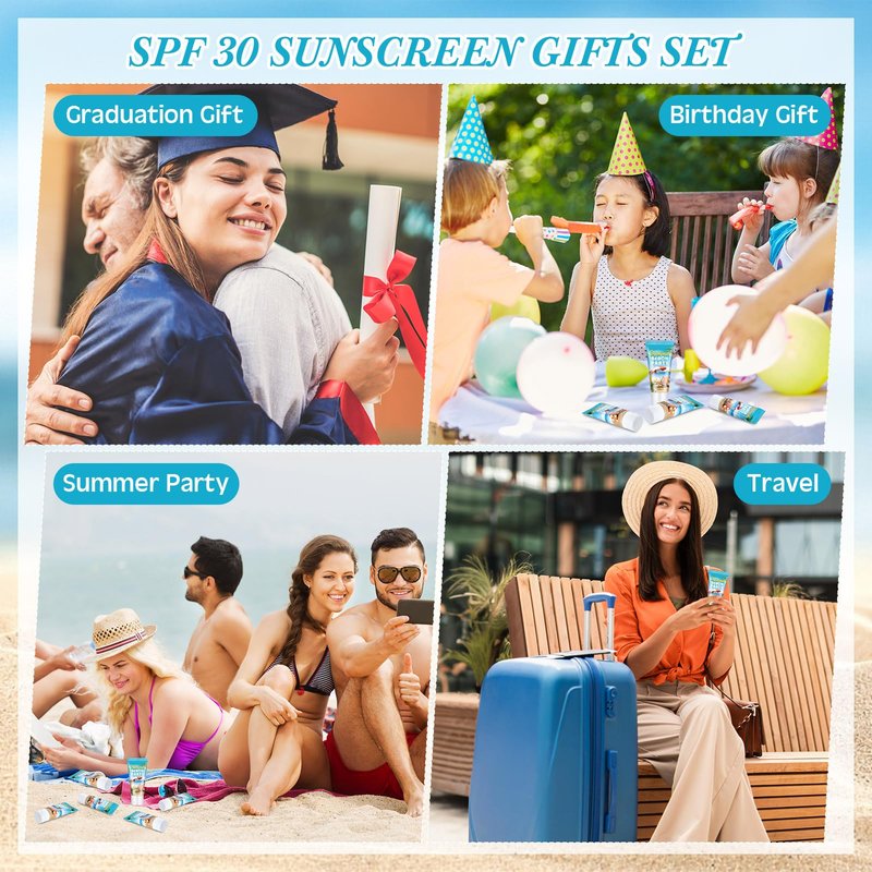 Dansib 72 Pcs Mini Sunscreen Bulk for Summer Party Wedding SPF 30 Water Resistant Sunscreen Lotion Bulk 1oz Travel Size for Thank You Gifts Wedding Supplies (Beach Fiesta)
