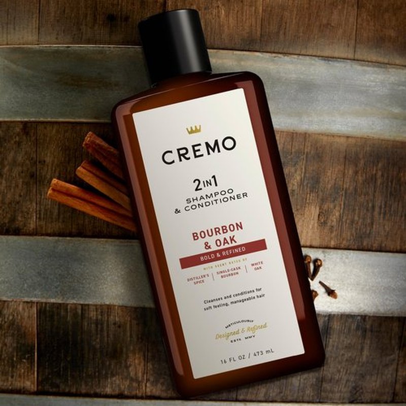 Cremo Bourbon & Oak Barber Grade 2-in-1 Shampoo & Conditioner, 16 Fl Oz (2-Pack) - A Sophisticated Blend of Distiller’s Spice, Fine Bourbon and White Oak
