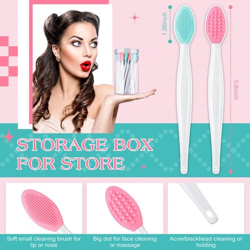 24 Pcs Silicone Exfoliating Lip Brush with Container, Double Sided Silicone Lip Scrubber Soft Cleaning Lip Brush Face Cleaning Applicator for Plump Smoother Lip Appearance (Pink, Green)