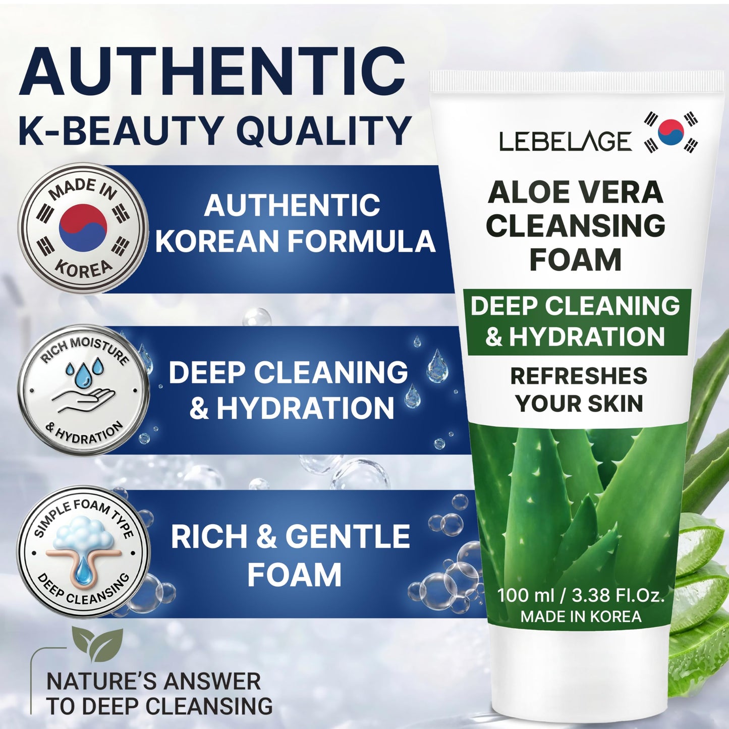LEBELAGE Korean Aloe Vera Facial Cleanser 3.38 oz | Cleansing Foam Face Wash | Low pH Gentle Hydrating Daily Facial Cleanser Sensitive Skin | Deep Cleansing Foaming Cleanser, Pore Care-All Skin Types