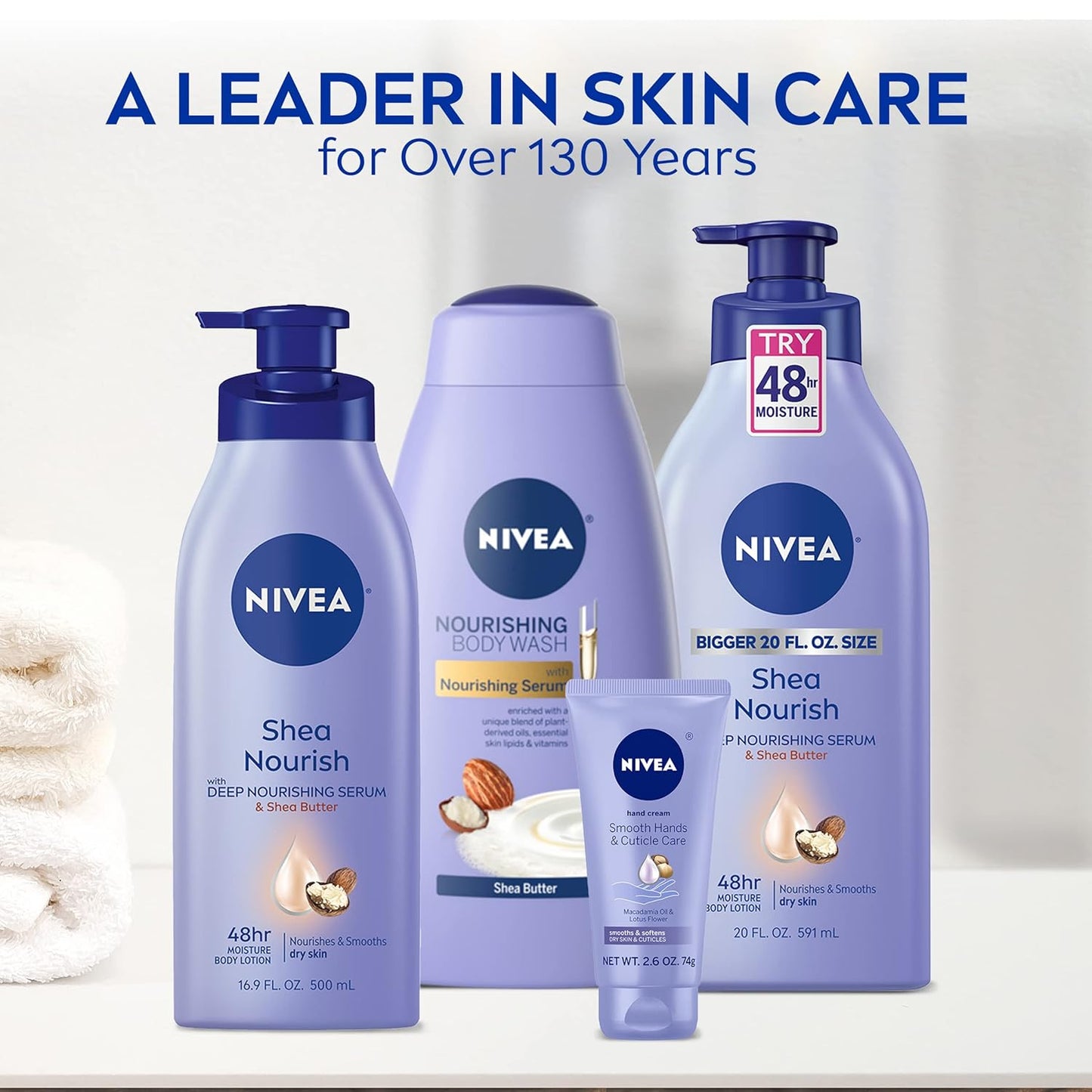 NIVEA Shea Nourish Body Lotion for Dry Skin with Hyaluronic Acid, Shea Butter and Deep Nourishing Serum, 48-Hour Body Moisturizer, 2.5 Fl Oz Bottle, Pack of 6