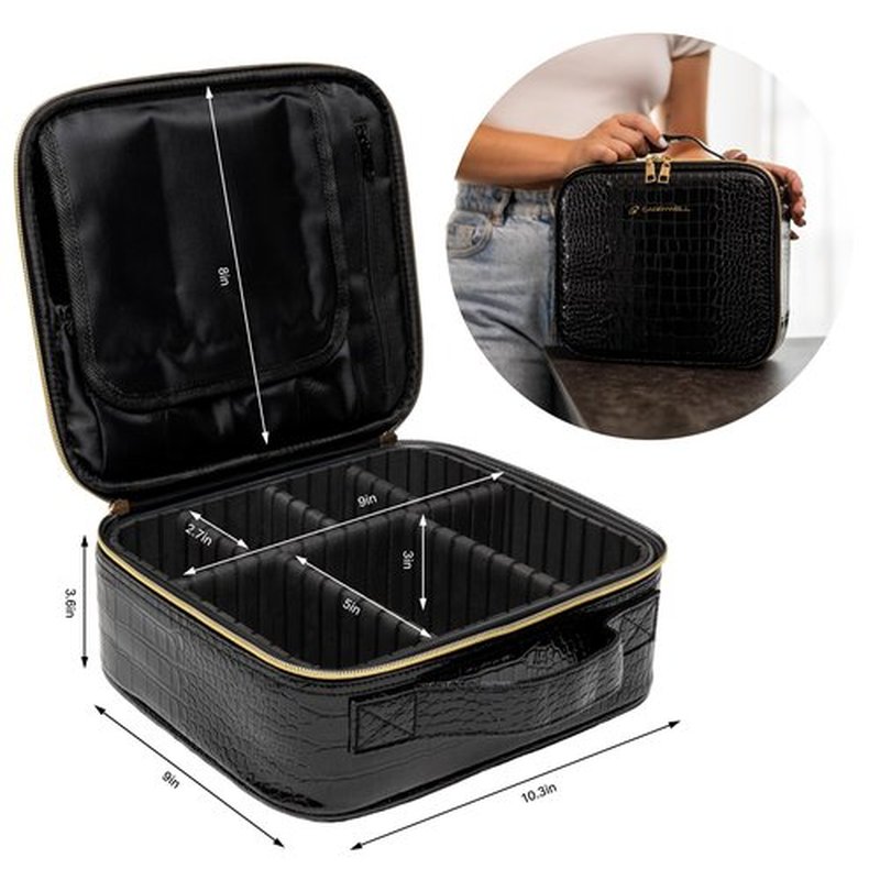 (Not Made In China) Travel Makeup Train Case, Make Up Box, Cosmetic Storage Organizer For Professional Beauty Artist W/Adjustable Dividers For Jewelry, Nail Polish and Brushes (1, Crocodile, Small)