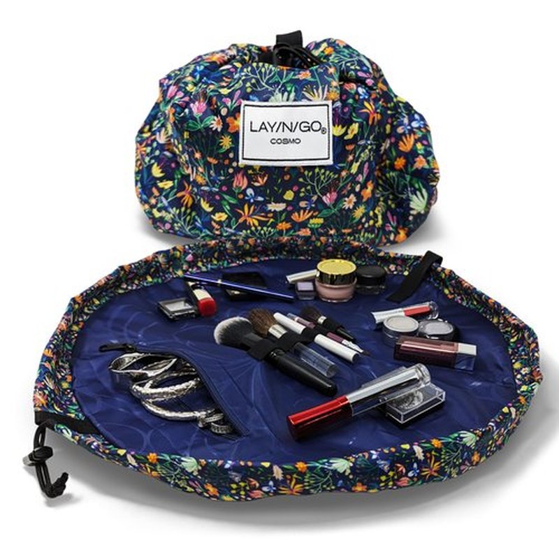 Lay-n-Go Cosmo Drawstring Cosmetic & Makeup Bag Organizer - Portable Drawstring Makeup Bag w/Zipper Pocket, Loops & More -Durable, Machine Washable Makeup Bag for Travel (20”, Butterfly Small Floral)