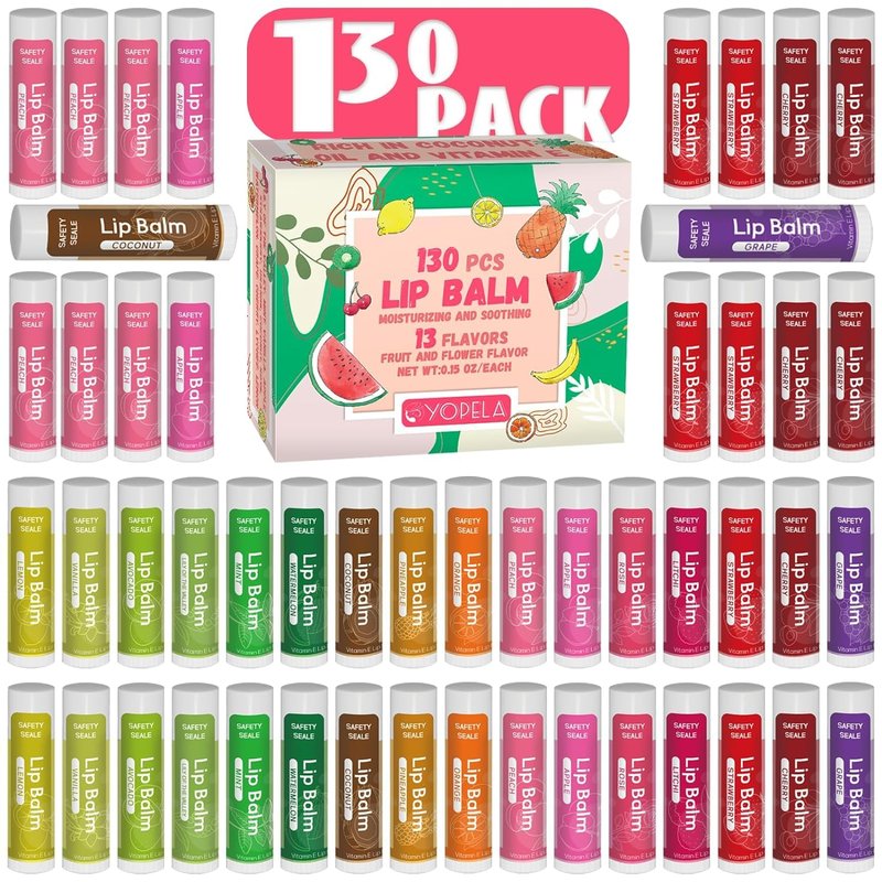 130 Pack Natural Lip Balm Bulk with Vitamin E and Coconut Oil Valentine's Choice Gift - Moisturizing, Soothing, and Repairing Dry and Chapped Lips - 10 Flavors, Valentine's Gifts
