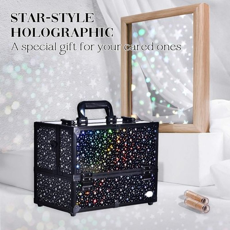 Makeup Case 6 Trays Large 14" x 8.5" x 11" Train Cases Cosmetic Organizer Storage Box by Joligrace - Star Pattern