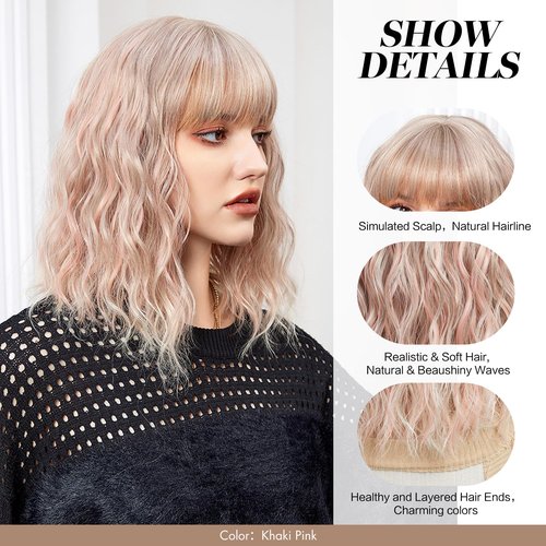 OMELPIS Short Pink Wavy Wig with Bangs Natural Shoulder Length Khaki Pink Water Wave Bob Wigs for Women Colorful Heat Resistant Synthetic Fiber Curly Hair for Anime Cosplay Party Holiday Daily 16In