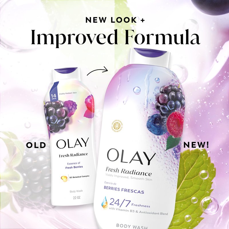 Olay Body Wash for Women, Fresh Radiance, 24/7 Skin-Loving Freshness, Visibly Radiant, Plant Based Cleansers, Vitamin B3 & Antioxidant Blend, For All Skin Types, Berries Frescas Scent, 22 fl oz