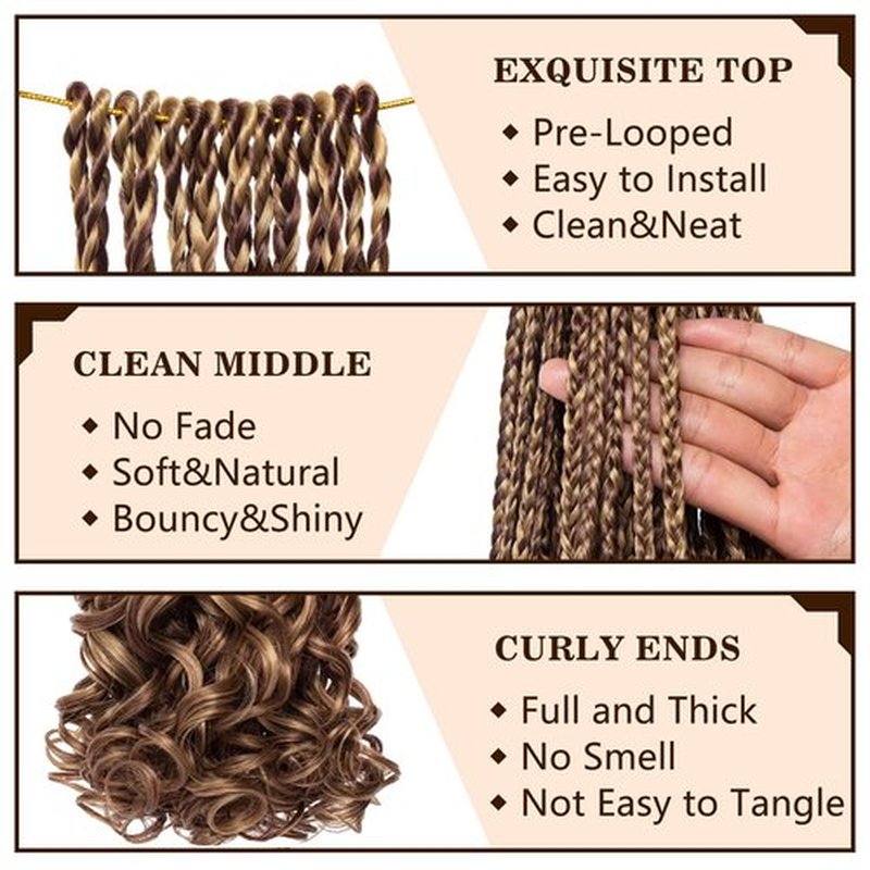 COOKOO 9 Pack 14 Inch French Curl Braids Crochet Hair Pre Looped French Curly Box Braids Hair Ombre Brown Loose Curly Synthetic Braiding Hair Extensions Goddess Box Braids for Black Women 27/33#