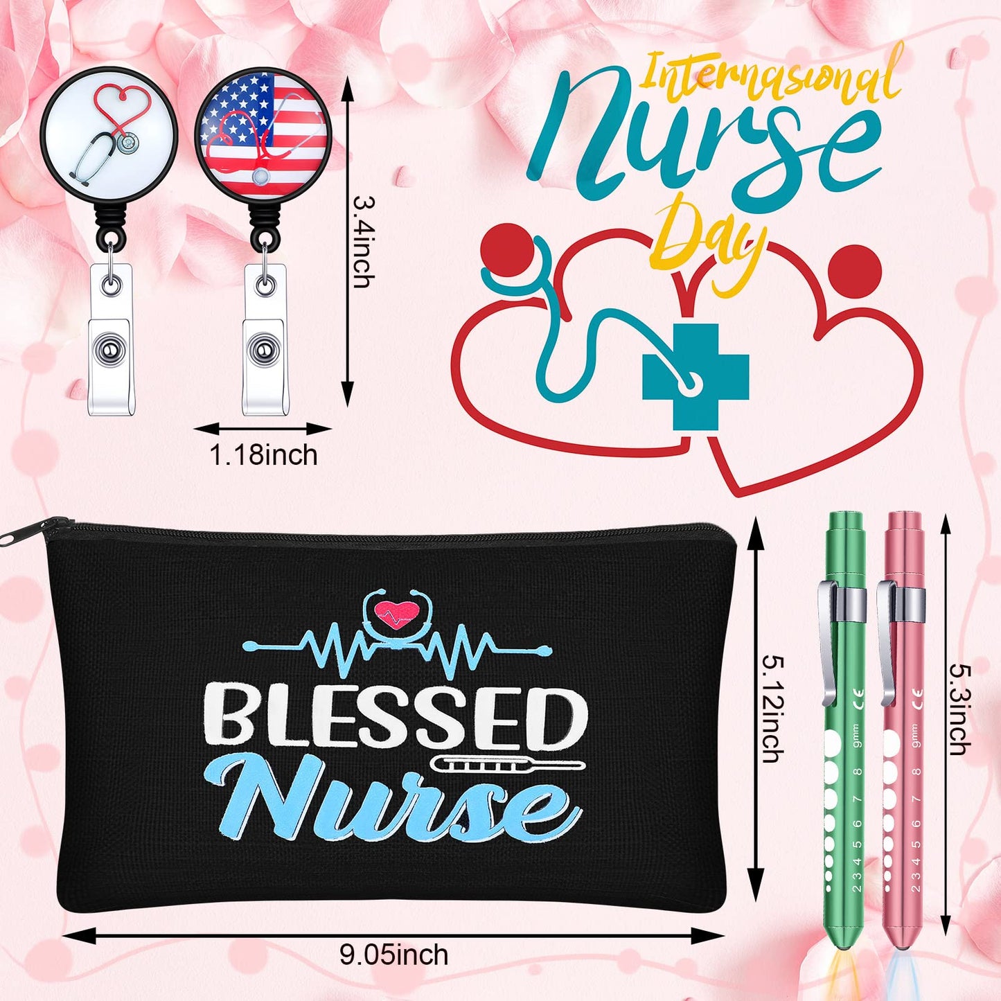 24 Pcs Nurse Week Gifts Set Nurse Accessories for Work Set Nurse Penlight Nurse Makeup Bags Cosmetic Bag Nurse Badge Reel Gifts for Nurse Nursing Student Christmas Gifts (Fresh Pattern)