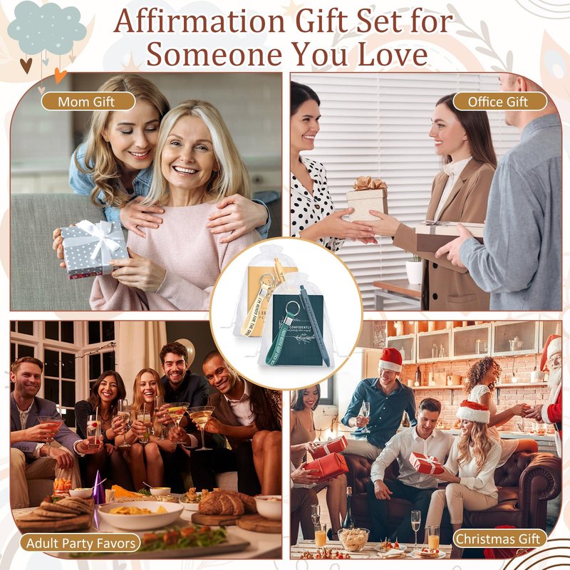 Mooliwe 24 Set Positive Affirmation Gift Set Gratitude Notebooks with Pens Keychains Small Bags Motivational Party Favors for Adult Women Coworkers Employee Group (Vibrant)