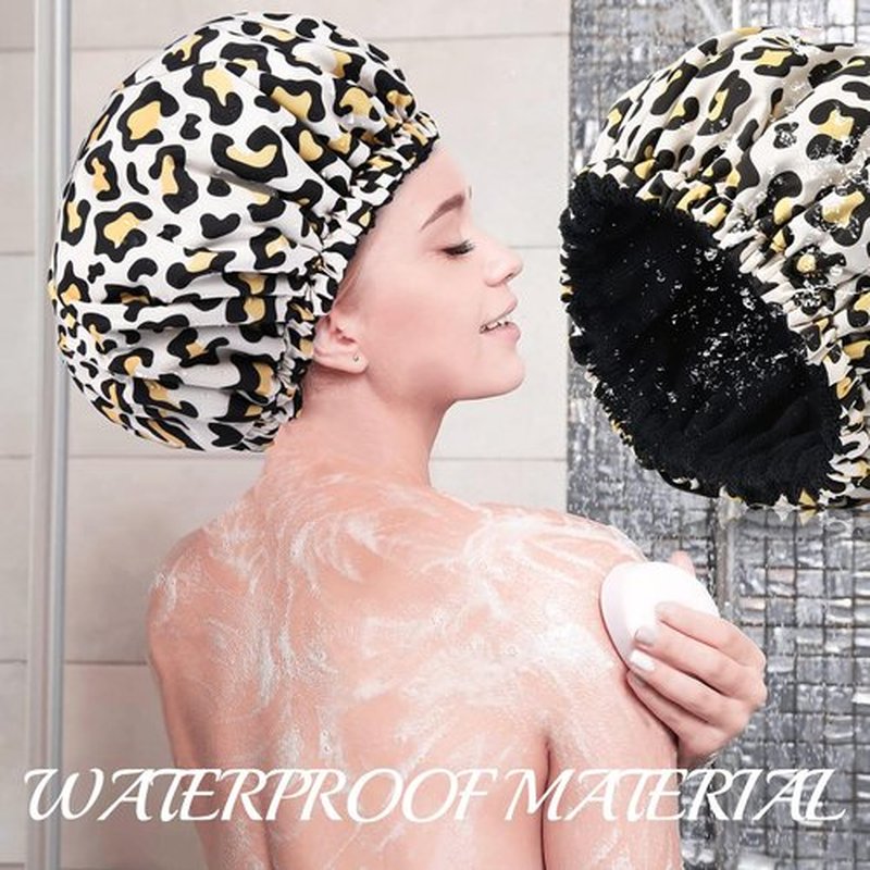 Shower Cap for Women Terry Lined Bath Cap Large Reusable Waterproof Elastic Band Leopard Shower Caps for Long Thick Hair Soft Bath Shower Hair Caps